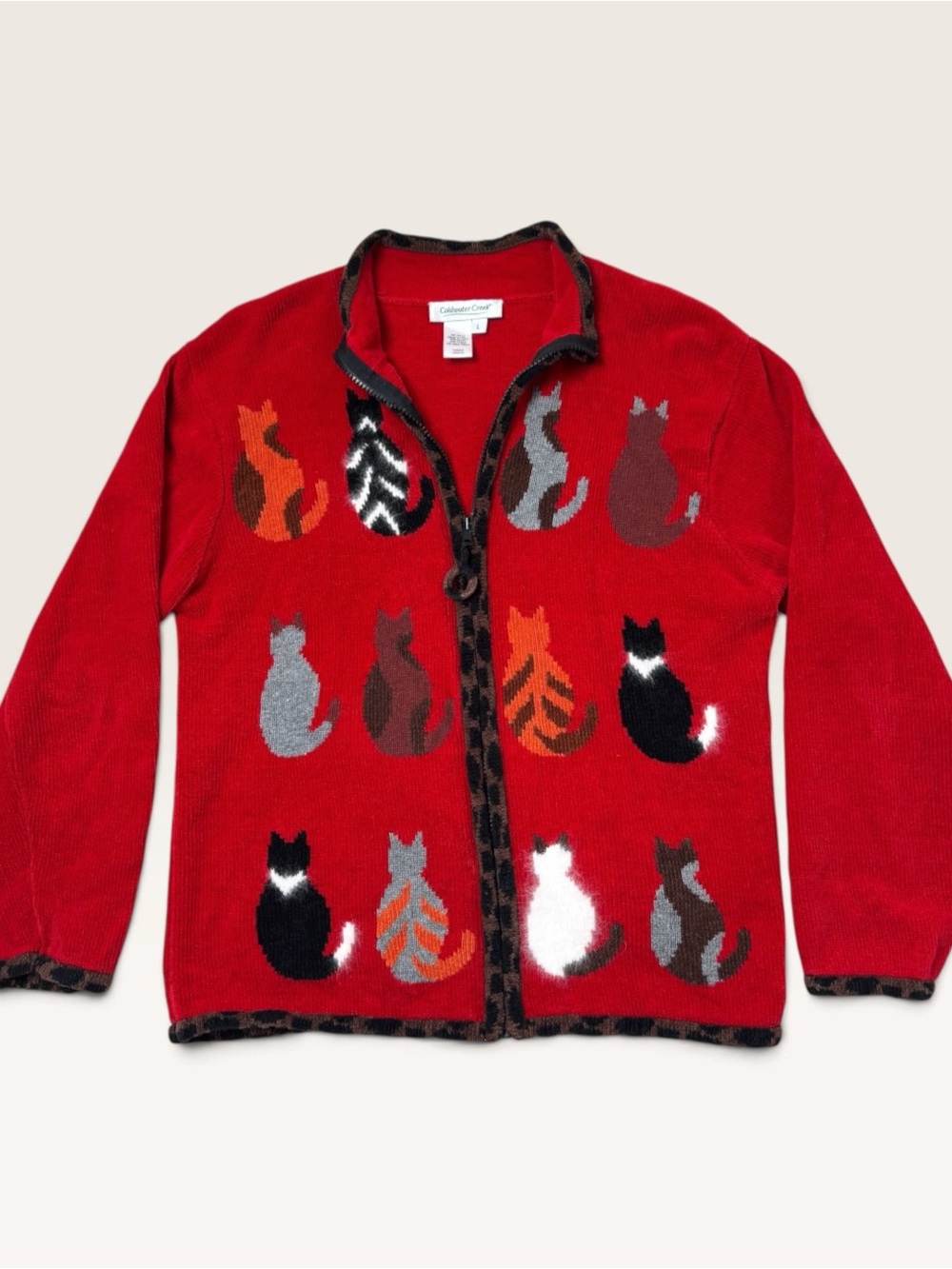 Coldwater Creek Red Cat Novelty Zip Cardigan Sweater Leopard Trim L